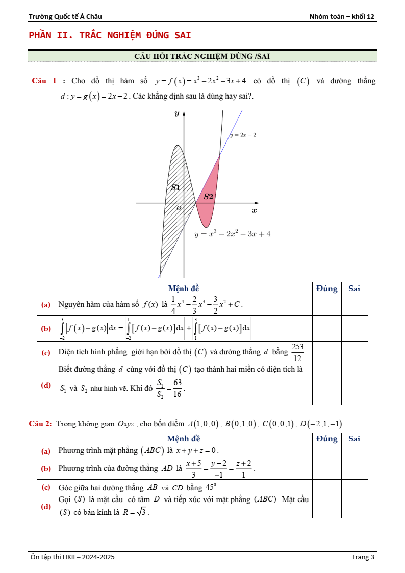 Đề thi Học kì 2 Toán 12 trường Quốc tế Á Châu (Tp.HCM) năm 2024-2025