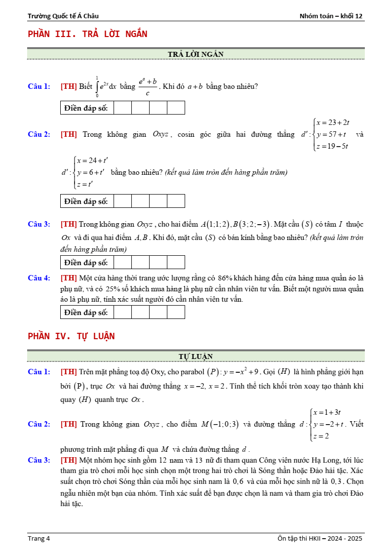 Đề thi Học kì 2 Toán 12 trường Quốc tế Á Châu (Tp.HCM) năm 2024-2025