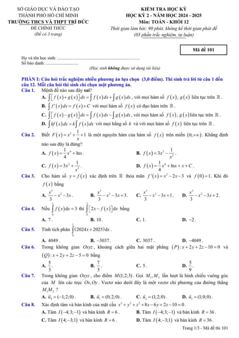 Đề thi Học kì 2 Toán 12 trường THCS&THPT Trí Đức (Tp.HCM) năm 2024-2025