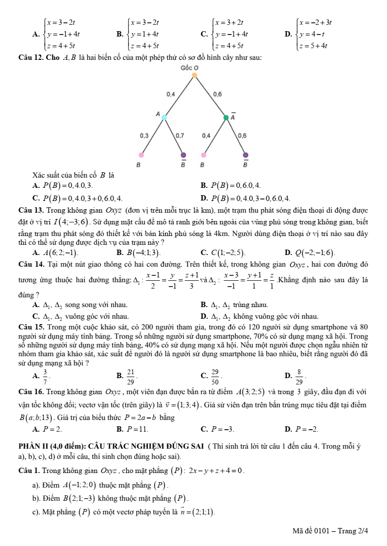 Đề thi Học kì 2 Toán 12 trường THPT Chế Lan Viên (Quảng Trị) năm 2024-2025