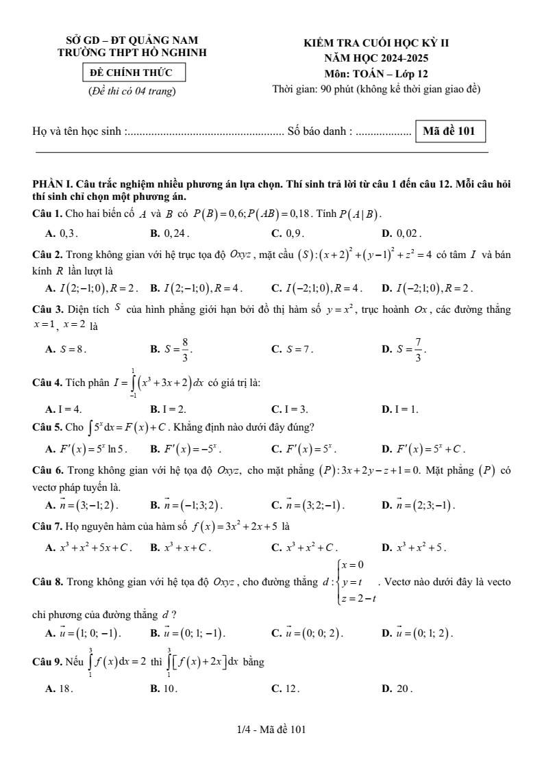 Đề thi Học kì 2 Toán 12 trường THPT Hồ Nghinh (Quảng Nam) năm 2024-2025