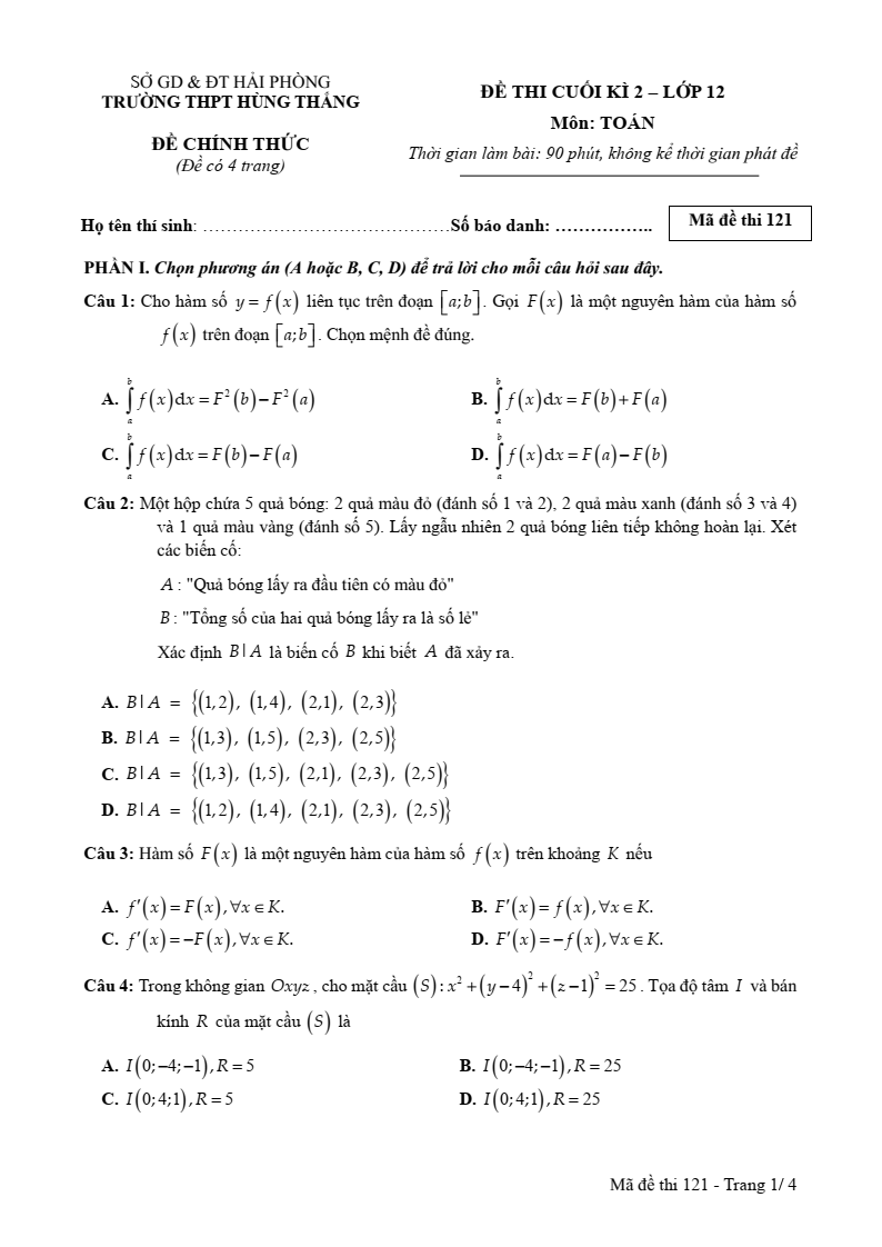 Đề thi Học kì 2 Toán 12 trường THPT Hùng Thắng (Hải Phòng) năm 2024-2025