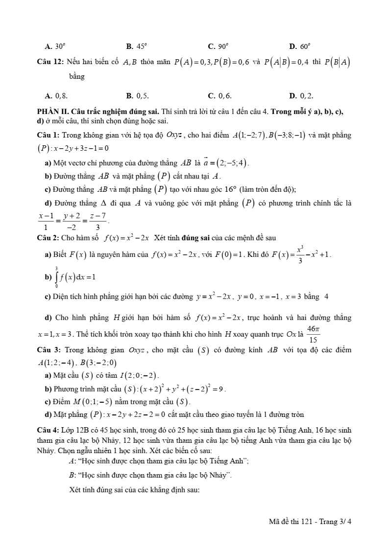 Đề thi Học kì 2 Toán 12 trường THPT Hùng Thắng (Hải Phòng) năm 2024-2025