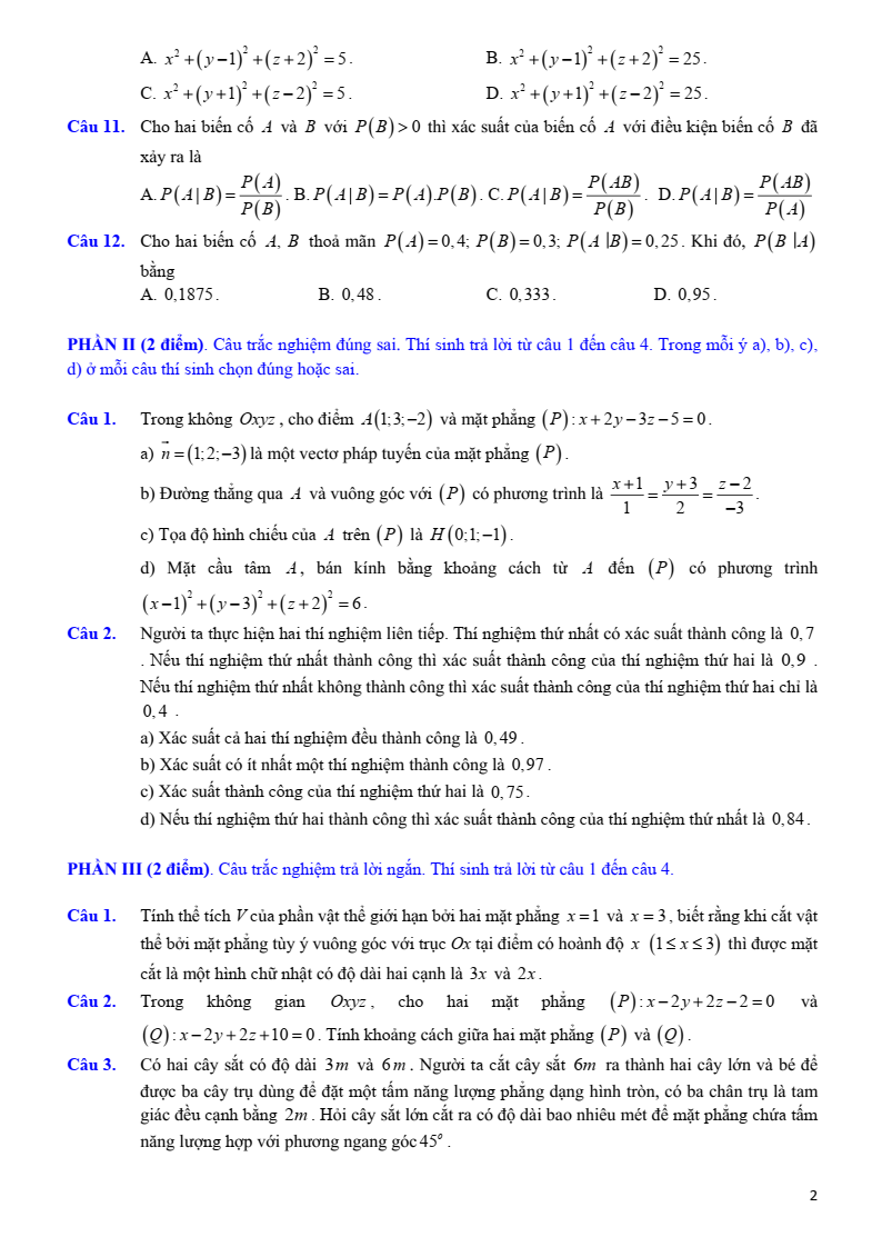 Đề thi Học kì 2 Toán 12 trường THPT Hùng Vương (Bình Phước) năm 2024-2025