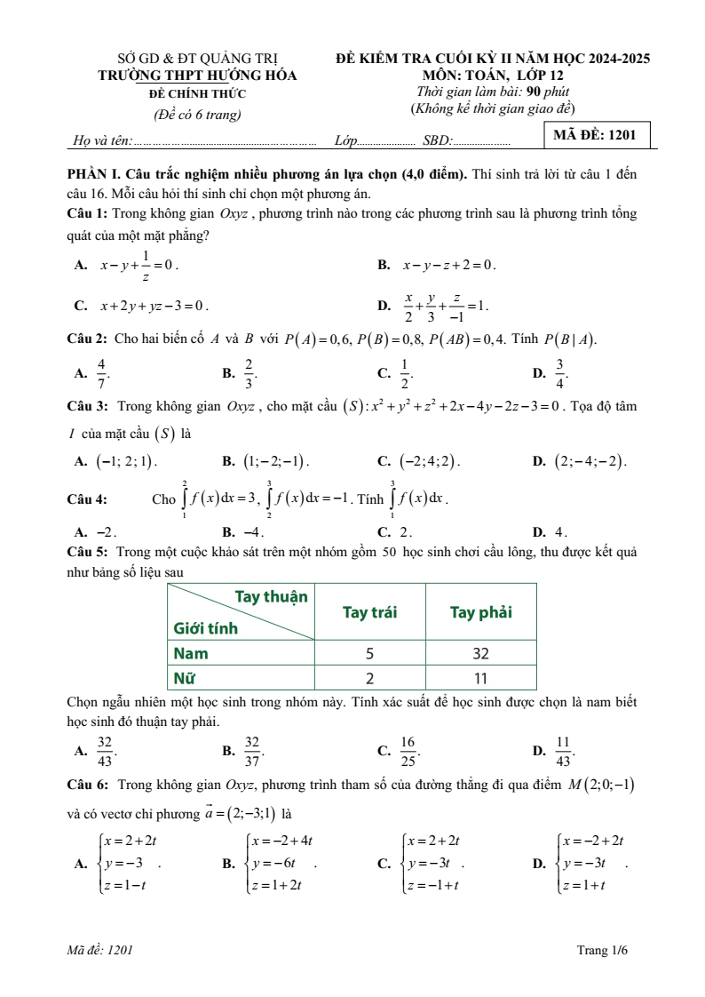 Đề thi Học kì 2 Toán 12 trường THPT Hướng Hóa (Quảng Trị) năm 2024-2025