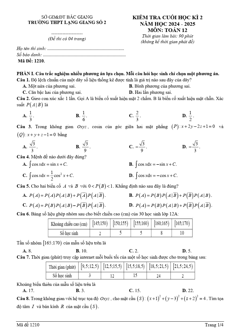 Đề thi Học kì 2 Toán 12 trường THPT Lạng Giang 2 (Bắc Giang) năm 2024-2025