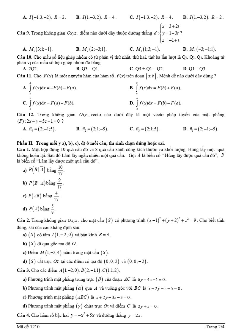 Đề thi Học kì 2 Toán 12 trường THPT Lạng Giang 2 (Bắc Giang) năm 2024-2025