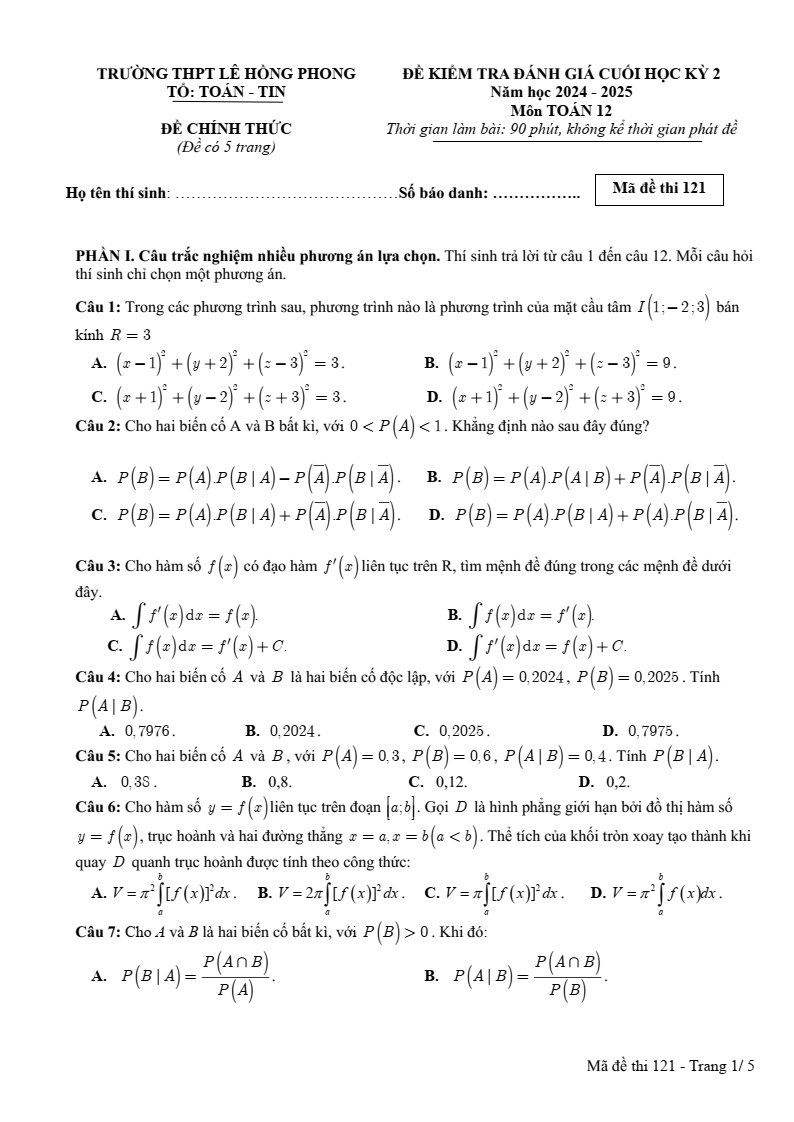Đề thi Học kì 2 Toán 12 trường THPT Lê Hồng Phong (Đắk Lắk) năm 2024-2025