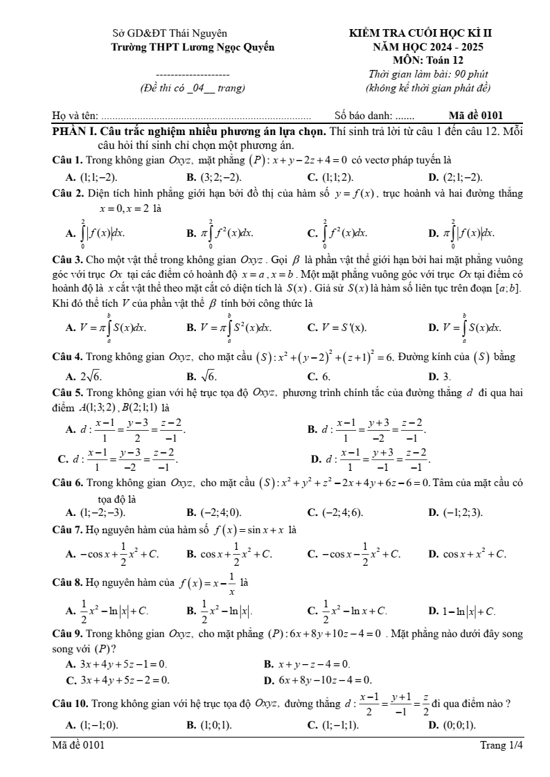 Đề thi Học kì 2 Toán 12 trường THPT Lương Ngọc Quyến (Thái Nguyên) năm 2024-2025