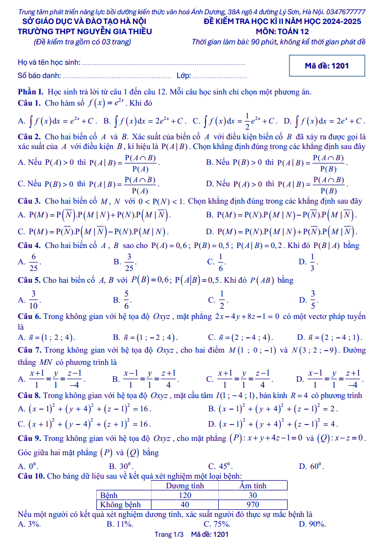 Đề thi Học kì 2 Toán 12 trường THPT Nguyễn Gia Thiều (Hà Nội) năm 2024-2025