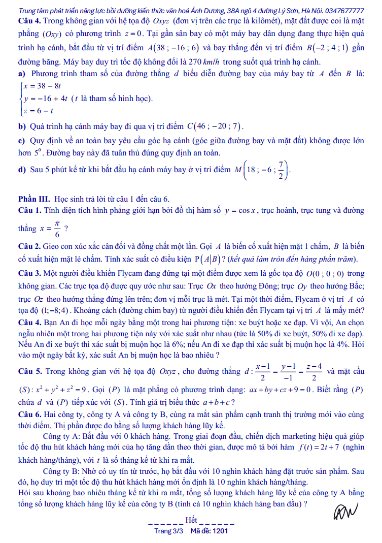 Đề thi Học kì 2 Toán 12 trường THPT Nguyễn Gia Thiều (Hà Nội) năm 2024-2025
