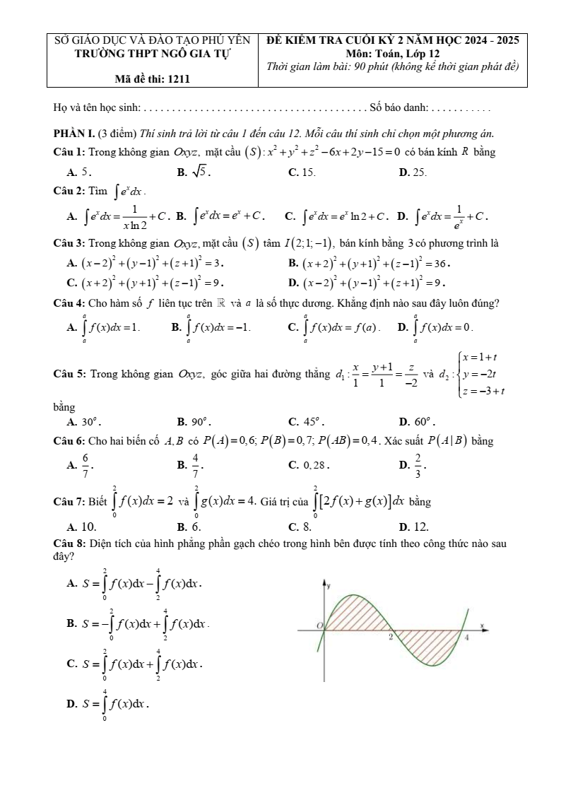 Đề thi Học kì 2 Toán 12 trường THPT Ngô Gia Tự (Phú Yên) năm 2024-2025