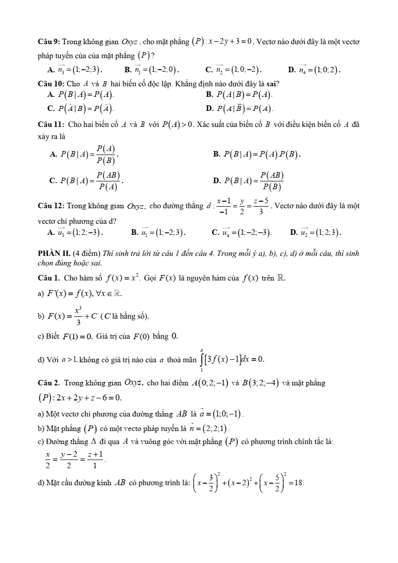 Đề thi Học kì 2 Toán 12 trường THPT Ngô Gia Tự (Phú Yên) năm 2024-2025