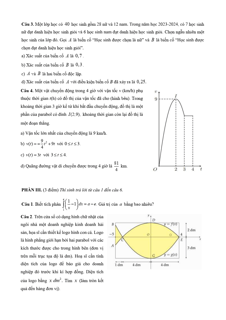 Đề thi Học kì 2 Toán 12 trường THPT Ngô Gia Tự (Phú Yên) năm 2024-2025