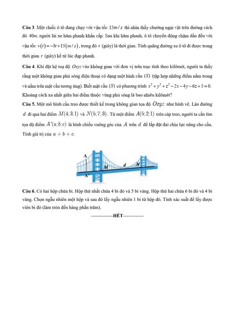 Đề thi Học kì 2 Toán 12 trường THPT Ngô Gia Tự (Phú Yên) năm 2024-2025