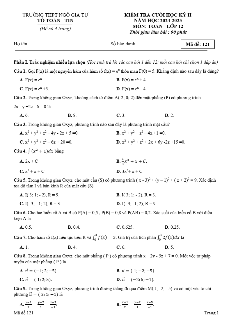 Đề thi Học kì 2 Toán 12 trường THPT Ngô Gia Tự (Đắk Lắk) năm 2024-2025