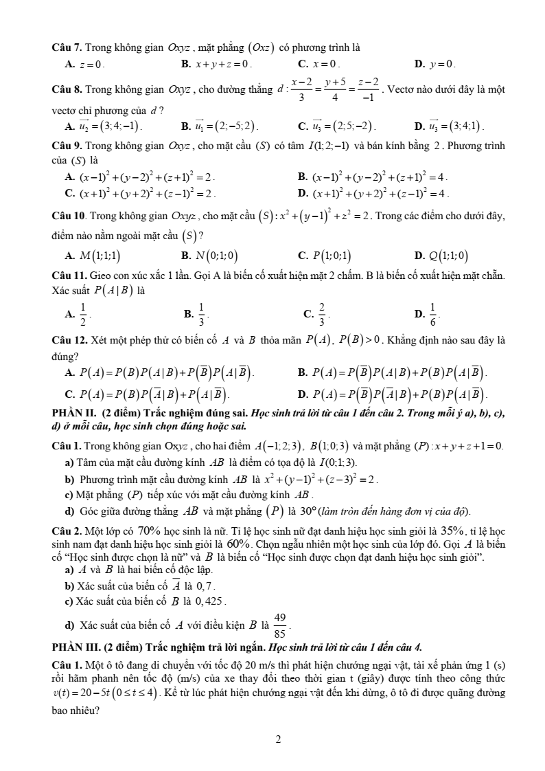 Đề thi Học kì 2 Toán 12 trường THPT Ngô Quyền (Đà Nẵng) năm 2024-2025