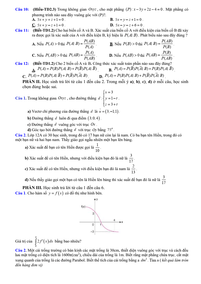 Đề thi Học kì 2 Toán 12 trường THPT Nguyễn Trãi (Đà Nẵng) năm 2024-2025