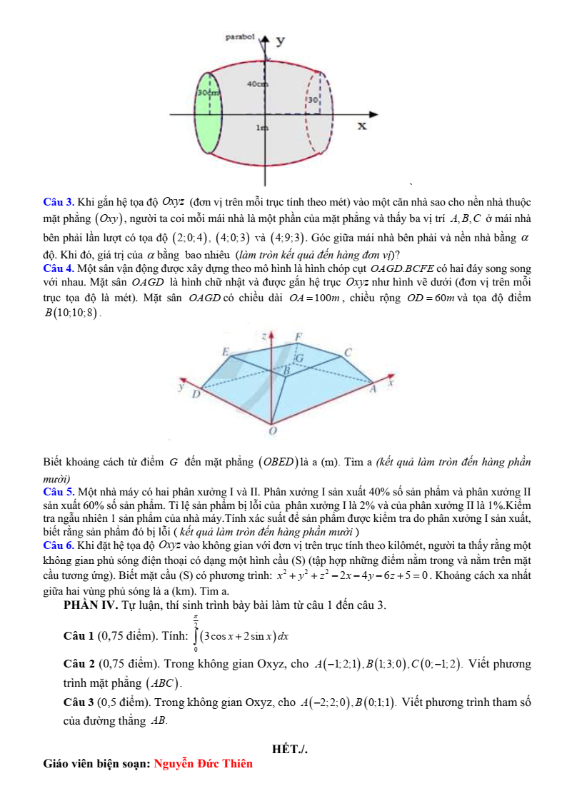 Đề thi Học kì 2 Toán 12 trường THPT Nguyễn Trãi (Đà Nẵng) năm 2024-2025