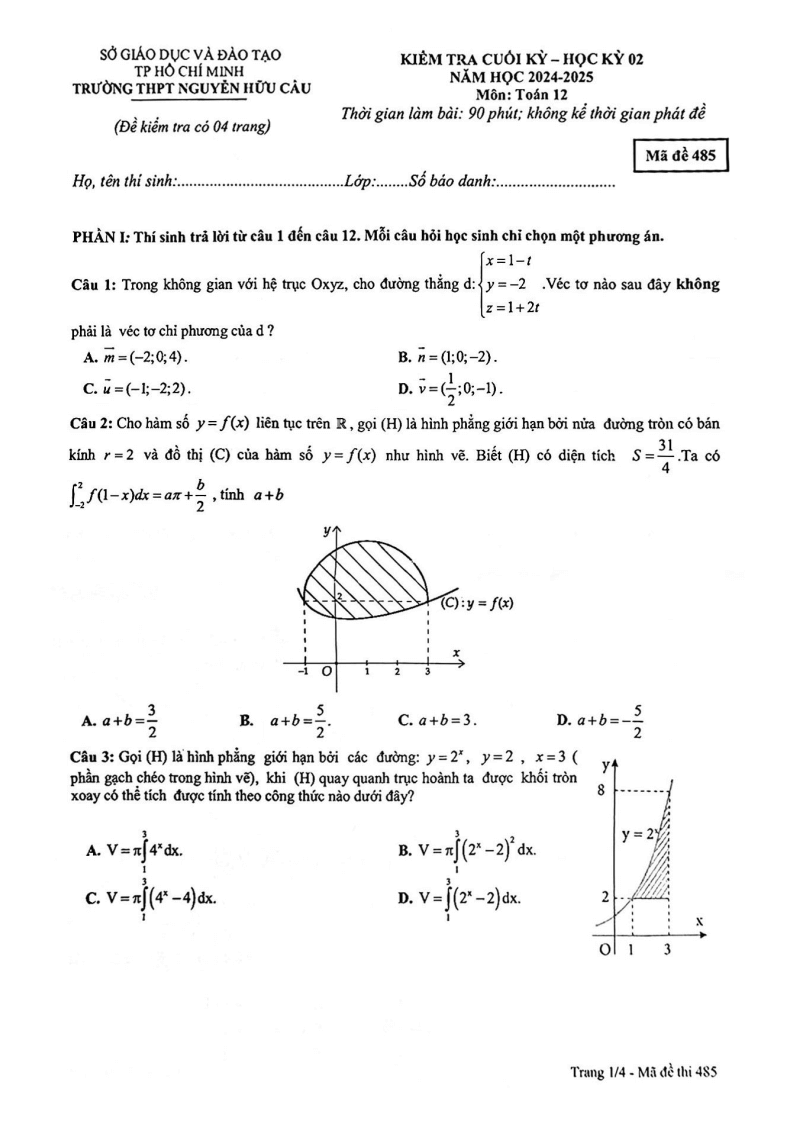 Đề thi Học kì 2 Toán 12 trường THPT Nguyễn Hữu Cầu (Tp.HCM) năm 2024-2025