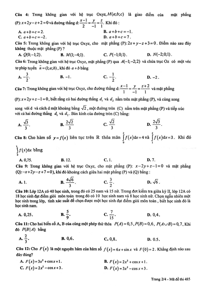 Đề thi Học kì 2 Toán 12 trường THPT Nguyễn Hữu Cầu (Tp.HCM) năm 2024-2025