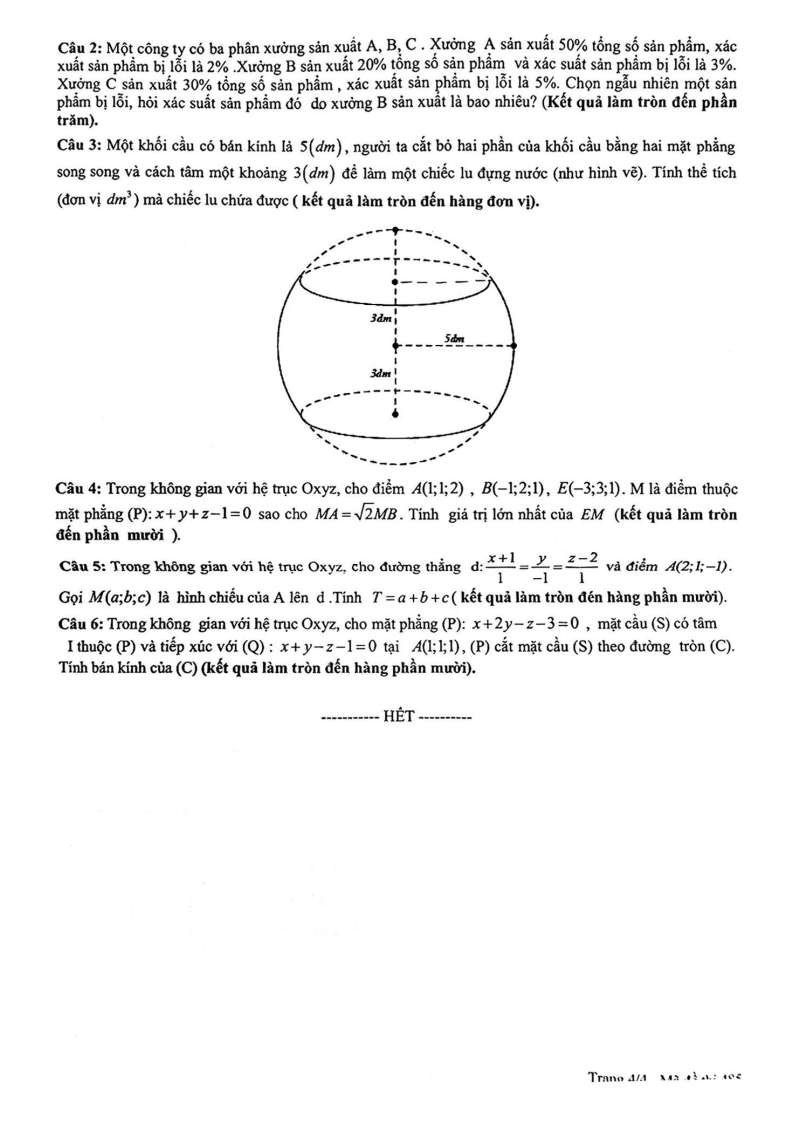 Đề thi Học kì 2 Toán 12 trường THPT Nguyễn Hữu Cầu (Tp.HCM) năm 2024-2025