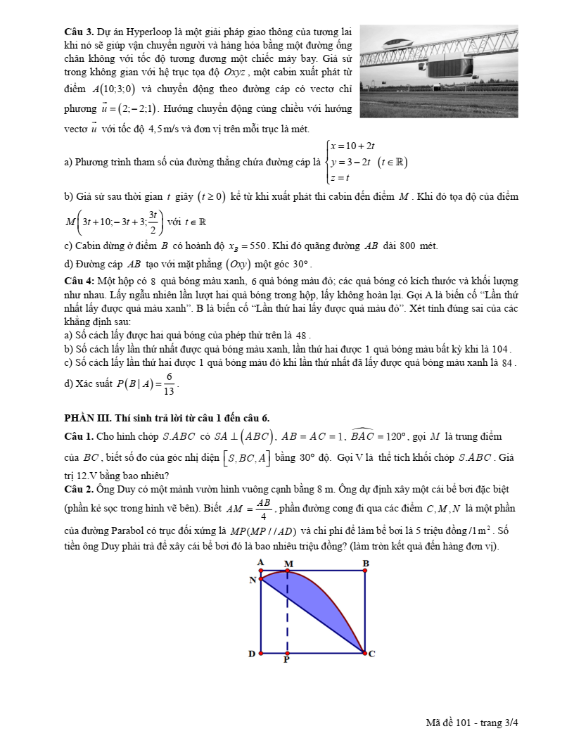 Đề thi Học kì 2 Toán 12 trường THPT Nhân Chính (Hà Nội) năm 2024-2025