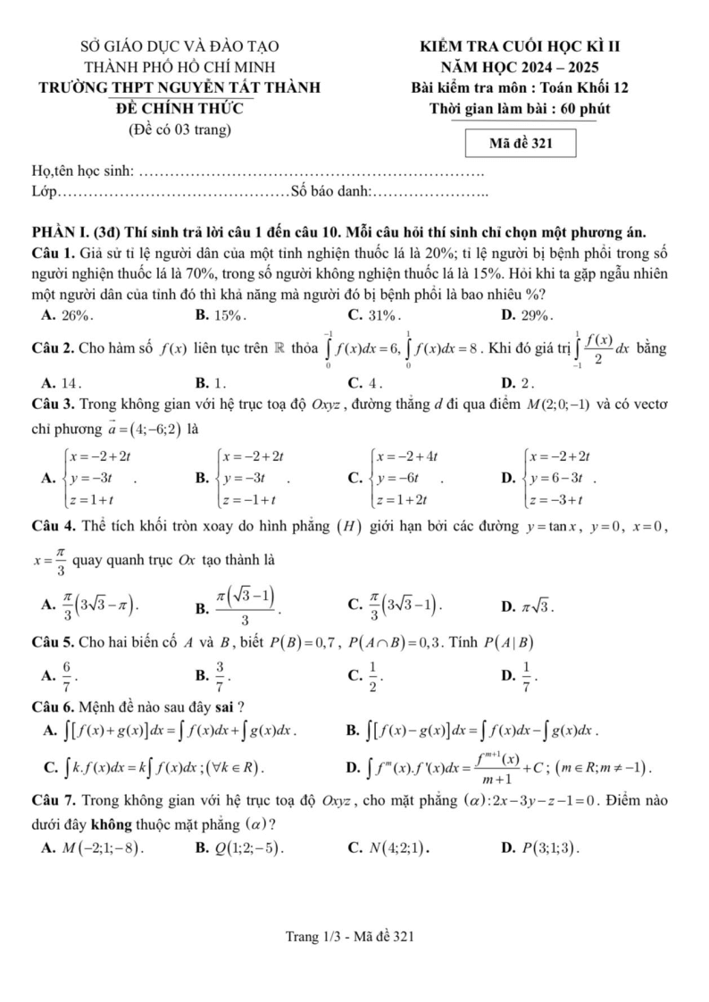 Đề thi Học kì 2 Toán 12 trường THPT Nguyễn Tất Thành (Tp.HCM) năm 2024-2025