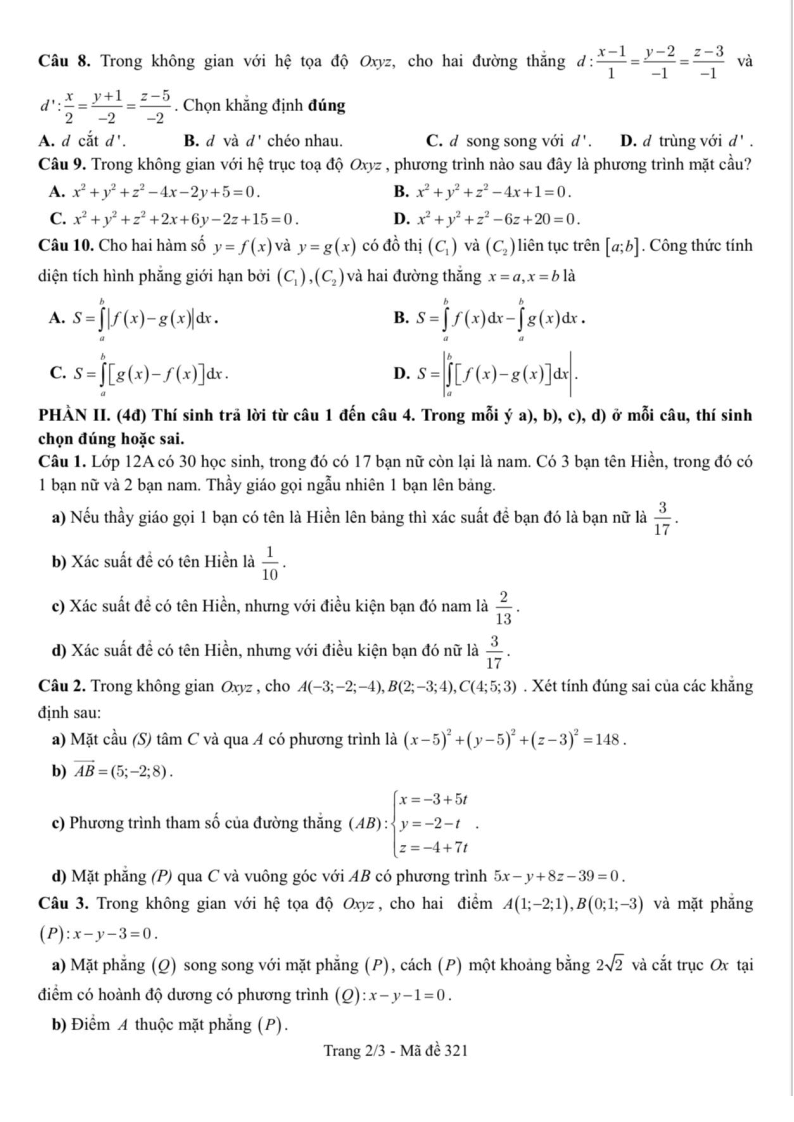 Đề thi Học kì 2 Toán 12 trường THPT Nguyễn Tất Thành (Tp.HCM) năm 2024-2025