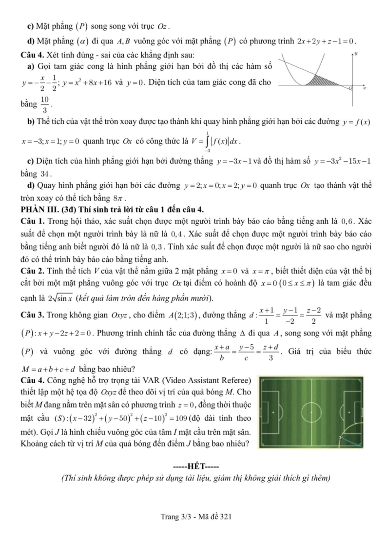 Đề thi Học kì 2 Toán 12 trường THPT Nguyễn Tất Thành (Tp.HCM) năm 2024-2025