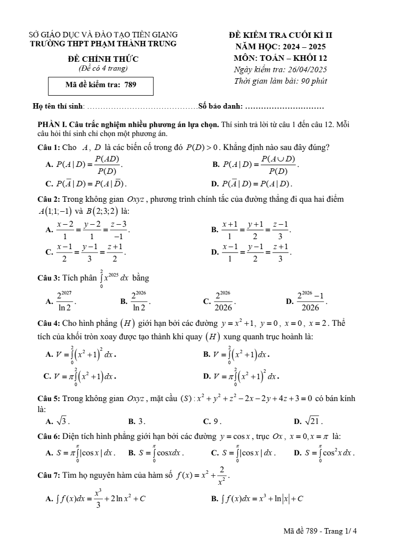 Đề thi Học kì 2 Toán 12 trường THPT Phạm Thành Trung (Tiền Giang) năm 2024-2025