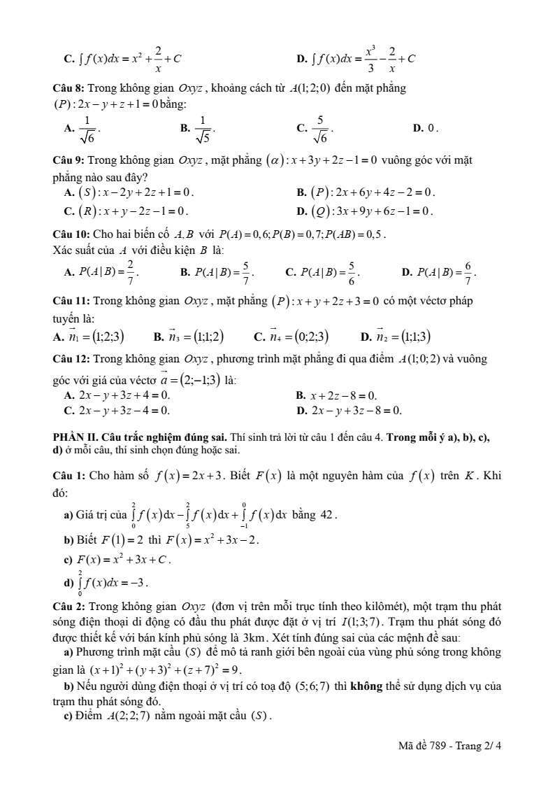 Đề thi Học kì 2 Toán 12 trường THPT Phạm Thành Trung (Tiền Giang) năm 2024-2025