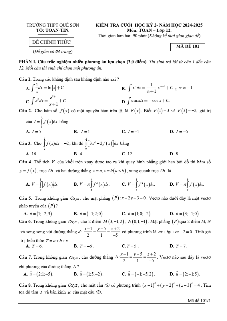 Đề thi Học kì 2 Toán 12 trường THPT Quế Sơn (Quảng Nam) năm 2024-2025