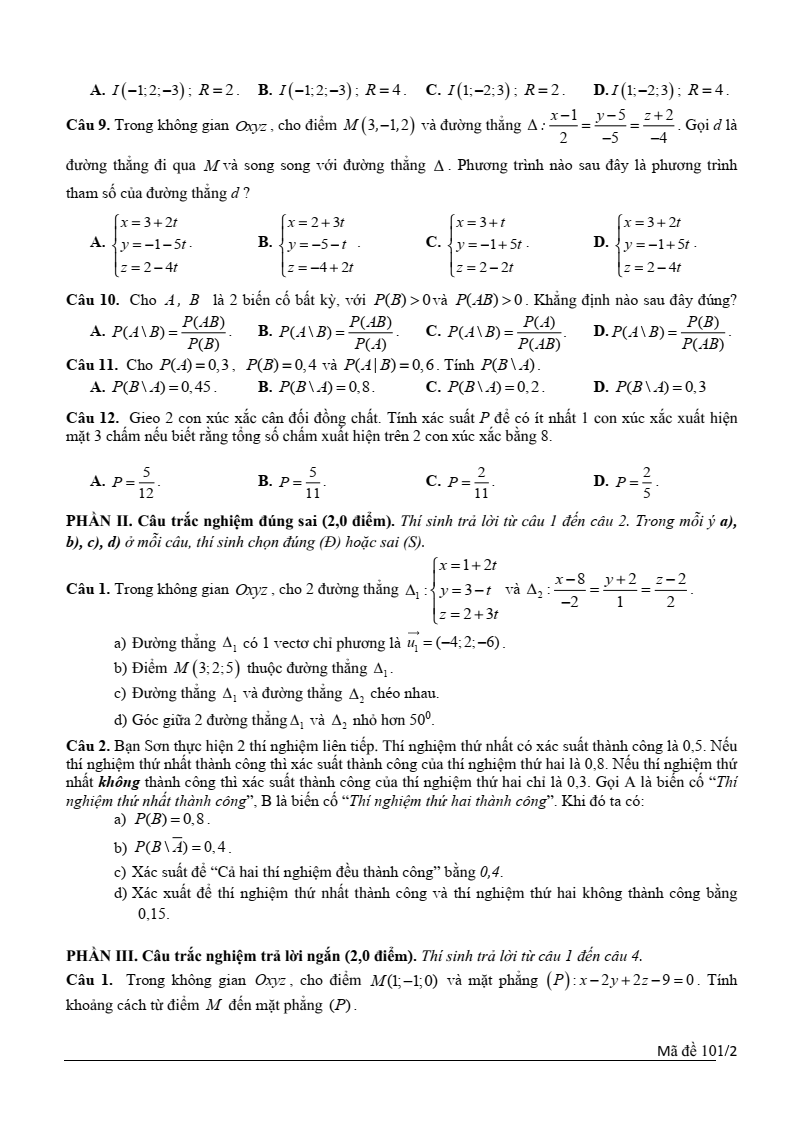 Đề thi Học kì 2 Toán 12 trường THPT Quế Sơn (Quảng Nam) năm 2024-2025