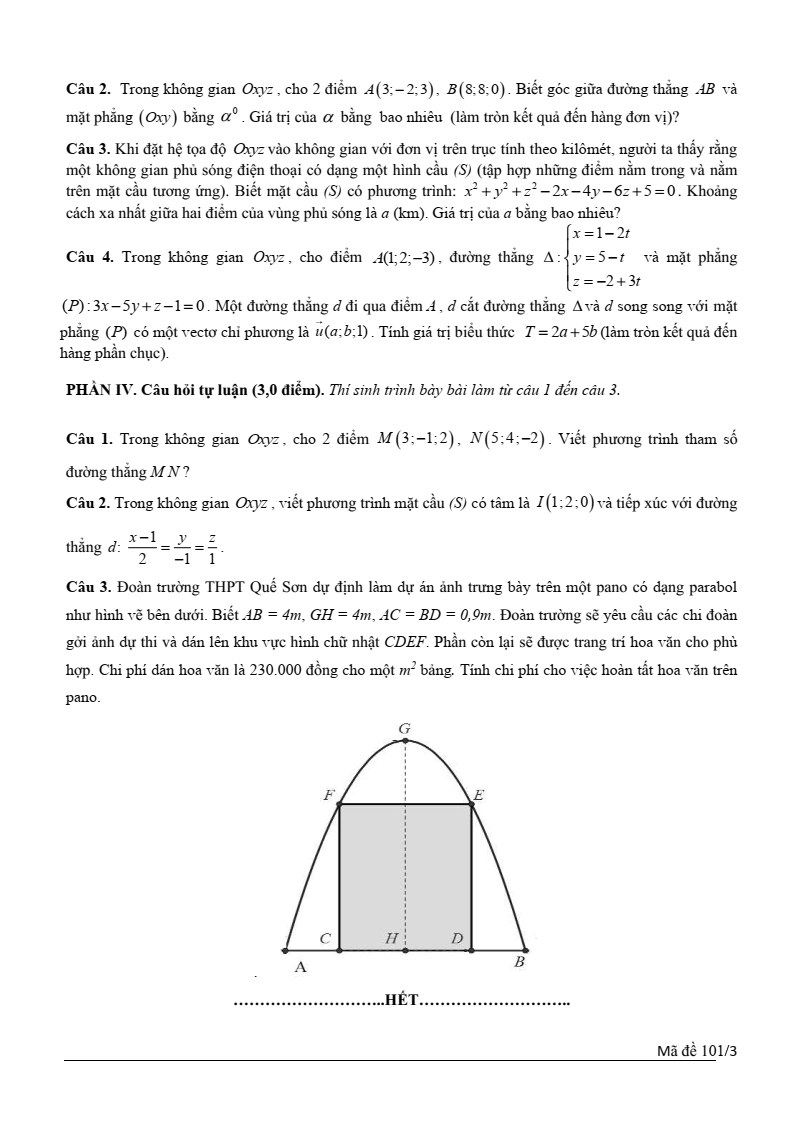 Đề thi Học kì 2 Toán 12 trường THPT Quế Sơn (Quảng Nam) năm 2024-2025
