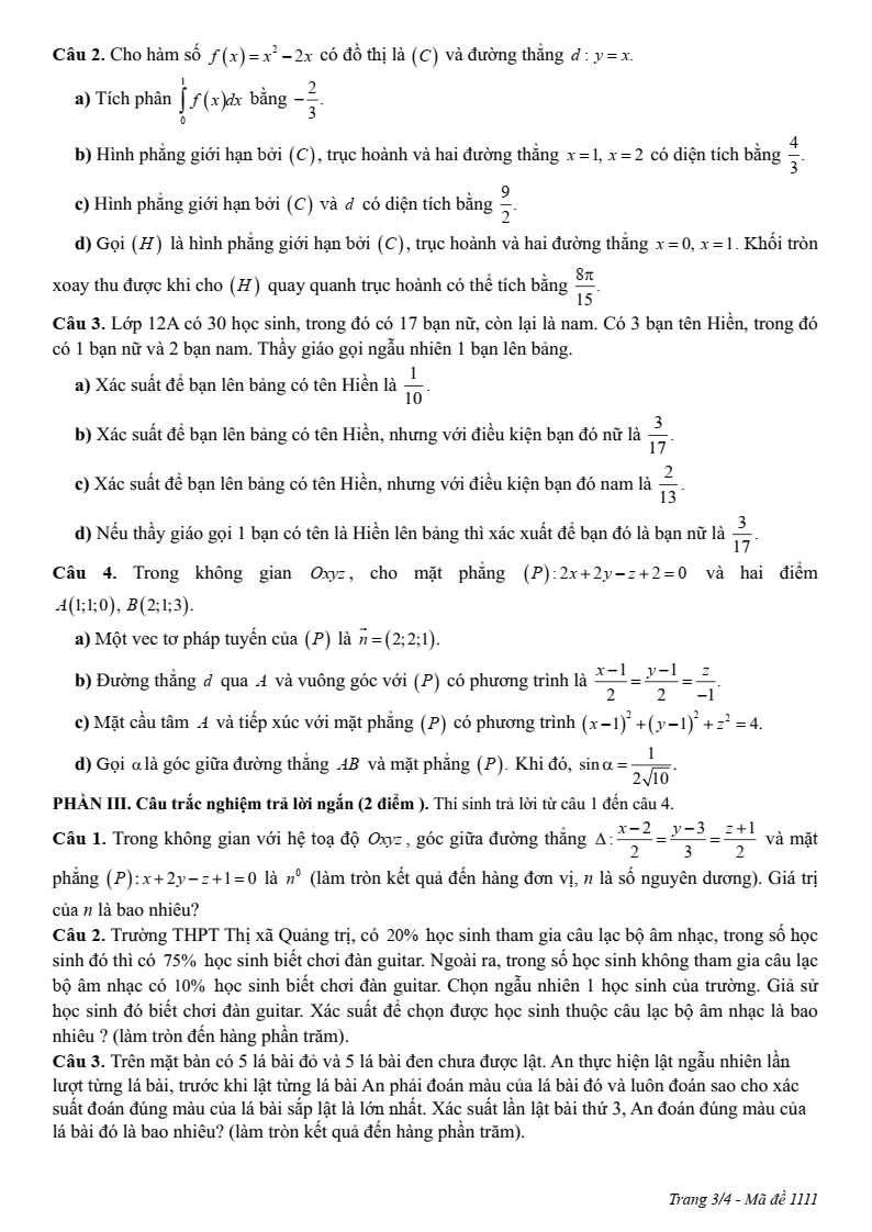 Đề thi Học kì 2 Toán 12 trường THPT Thị xã Quảng Trị năm 2024-2025