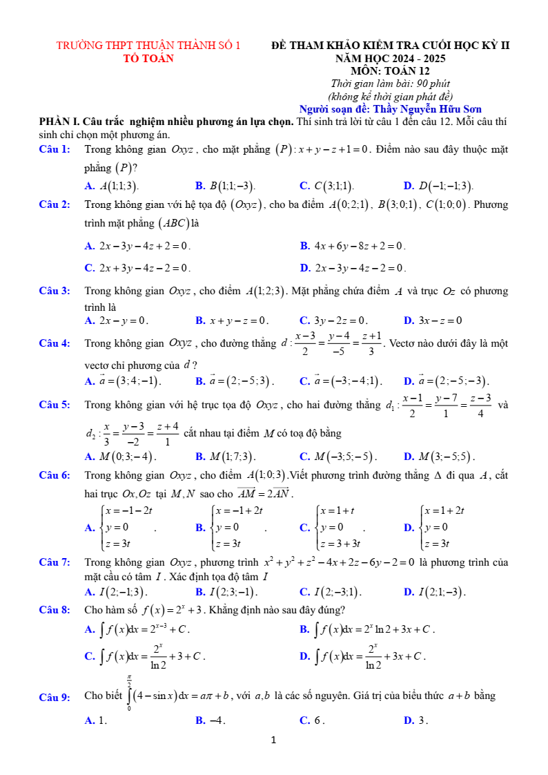 Đề thi Học kì 2 Toán 12 trường THPT Thuận Thành 1 (Bắc Ninh) năm 2024-2025