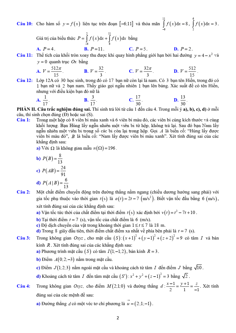 Đề thi Học kì 2 Toán 12 trường THPT Thuận Thành 1 (Bắc Ninh) năm 2024-2025