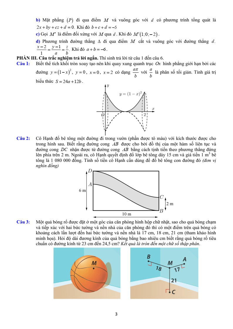 Đề thi Học kì 2 Toán 12 trường THPT Thuận Thành 1 (Bắc Ninh) năm 2024-2025