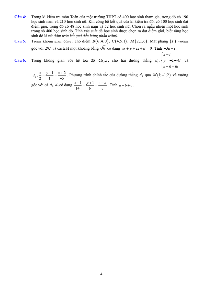 Đề thi Học kì 2 Toán 12 trường THPT Thuận Thành 1 (Bắc Ninh) năm 2024-2025