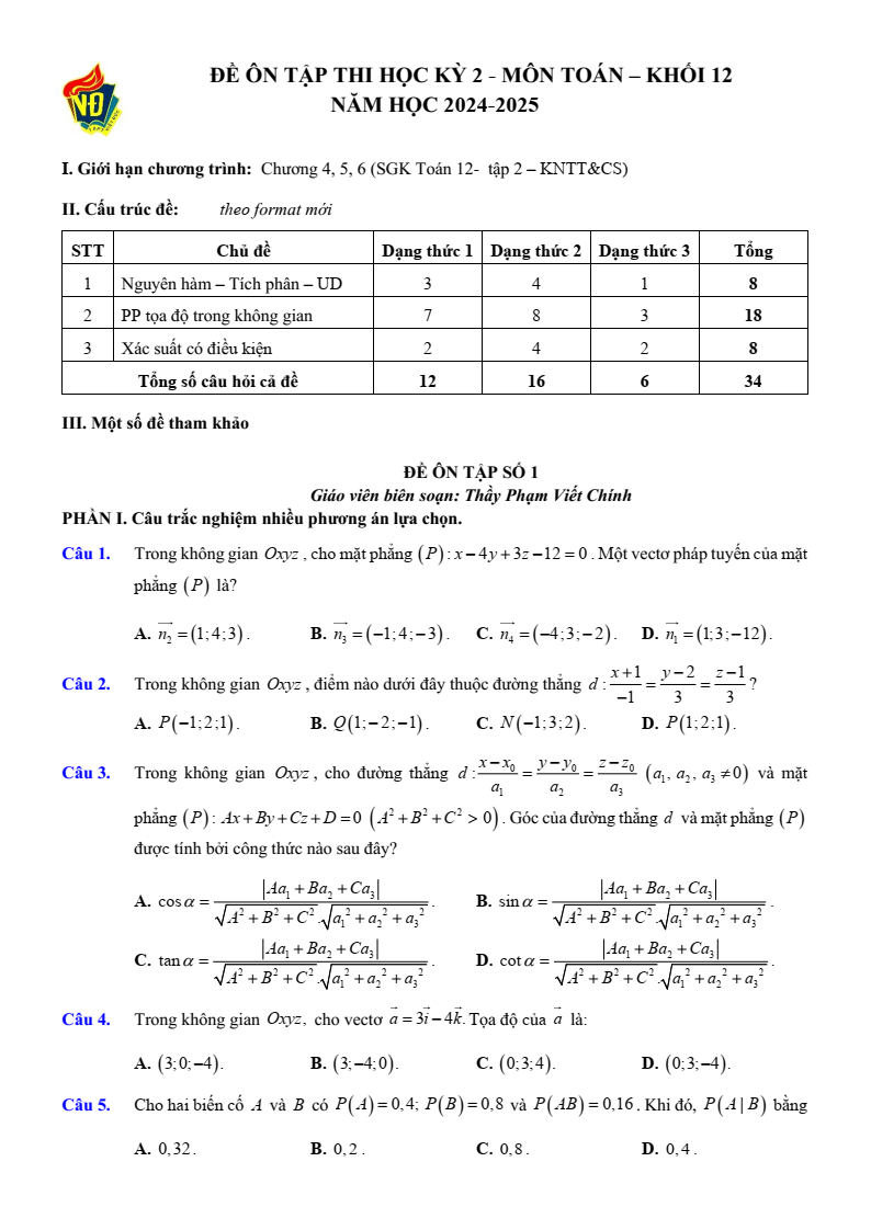 Đề thi Học kì 2 Toán 12 trường THPT Việt Đức (Hà Nội) năm 2024-2025