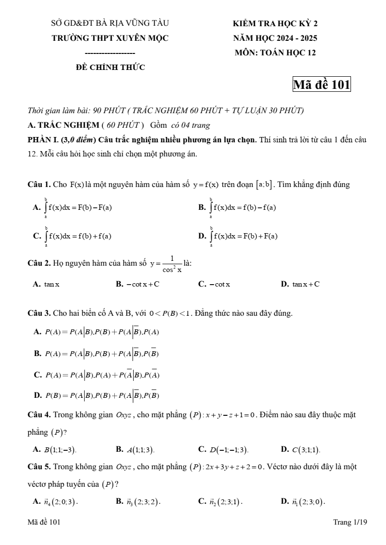 Đề thi Học kì 2 Toán 12 trường THPT Xuyên Mộc (Bà Rịa - Vũng Tàu) năm 2024-2025