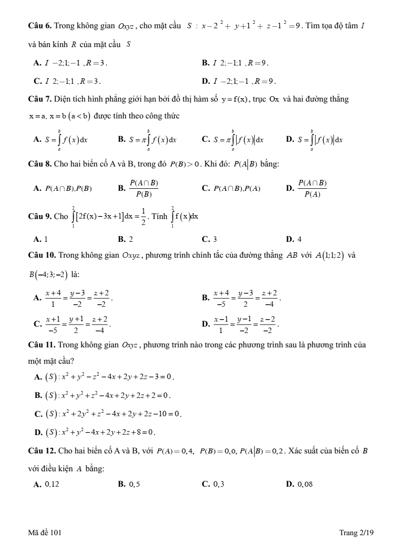 Đề thi Học kì 2 Toán 12 trường THPT Xuyên Mộc (Bà Rịa - Vũng Tàu) năm 2024-2025