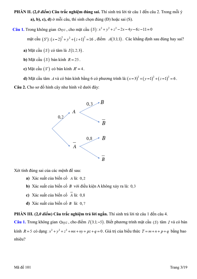 Đề thi Học kì 2 Toán 12 trường THPT Xuyên Mộc (Bà Rịa - Vũng Tàu) năm 2024-2025