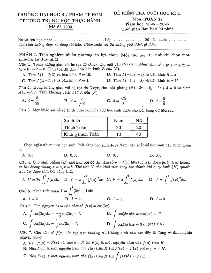 Đề thi Học kì 2 Toán 12 trường Trung học Thực hành (Đại học Sư phạm TP. HCM) năm 2025-2026