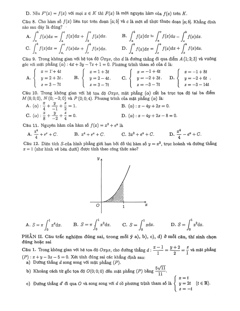 Đề thi Học kì 2 Toán 12 trường Trung học Thực hành (Đại học Sư phạm TP. HCM) năm 2025-2026
