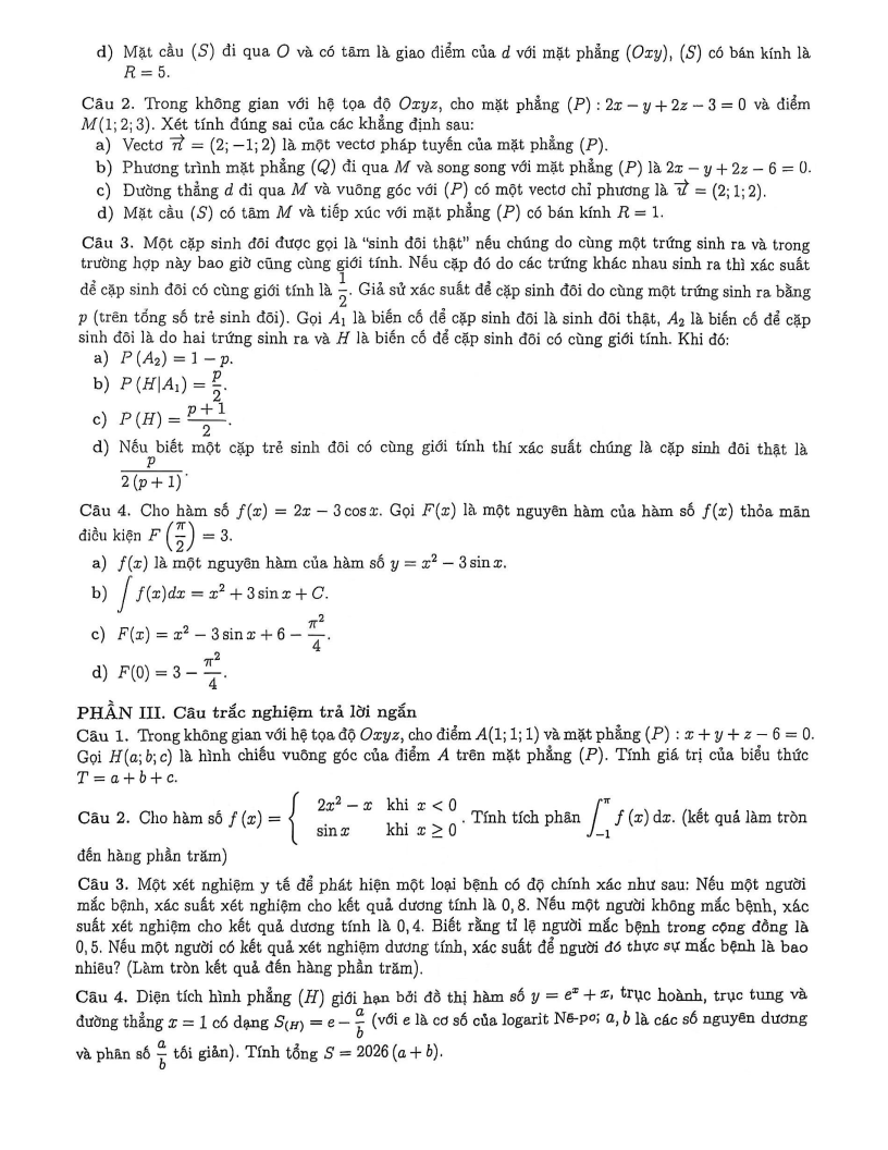 Đề thi Học kì 2 Toán 12 trường Trung học Thực hành (Đại học Sư phạm TP. HCM) năm 2025-2026