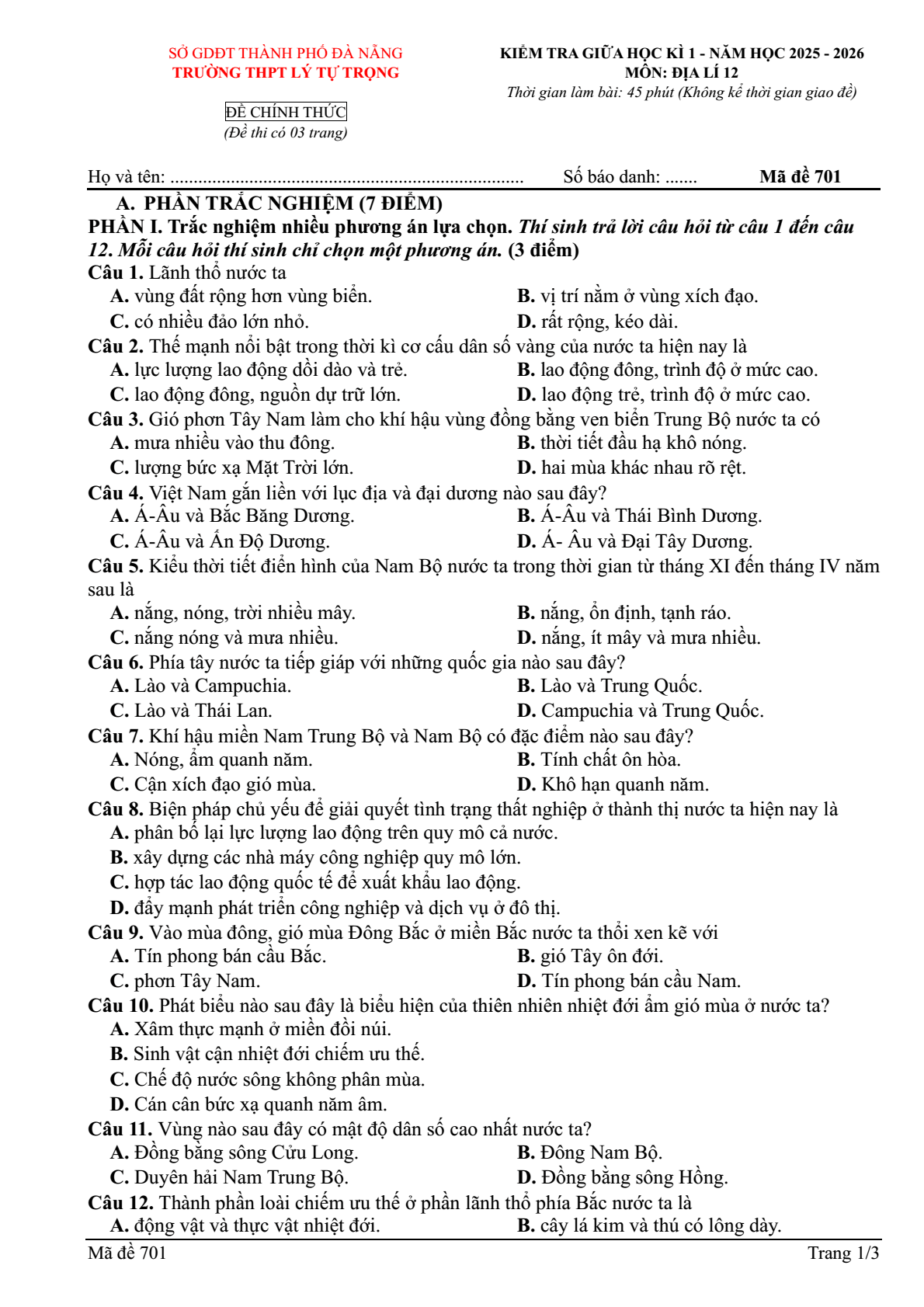 Đề thi Giữa kì 1 Địa Lí 12 năm 2025-2026 trường THPT Lý Tự Trọng (Đà Nẵng)