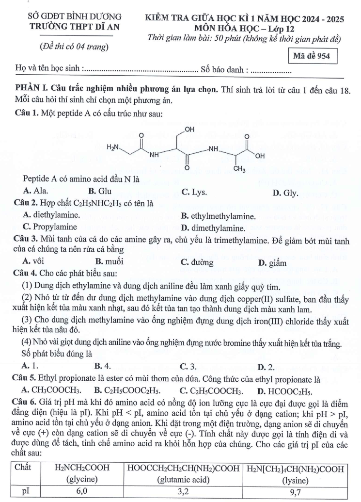 Đề thi Giữa kì 1 Hóa học 12 năm 2024-2025 trường THPT Dĩ An (Bình Dương)