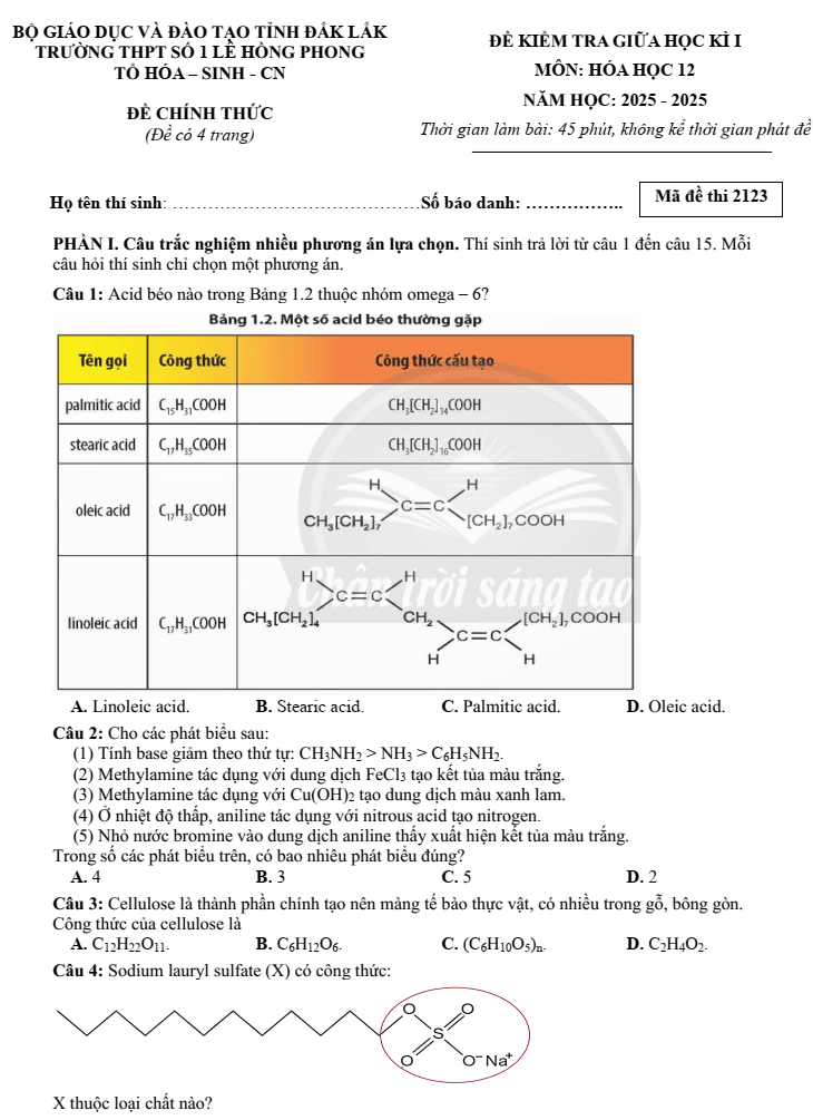 Đề thi Giữa kì 1 Hóa học 12 năm 2025-2026 trường THPT Số 1 Lê Hồng Phong (Đắk Lắk)